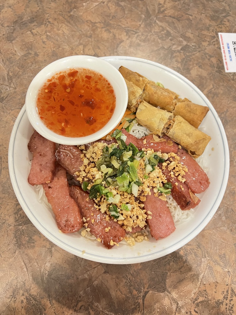 Grilled Ground Pork and Springs Roll on Vermicelli 