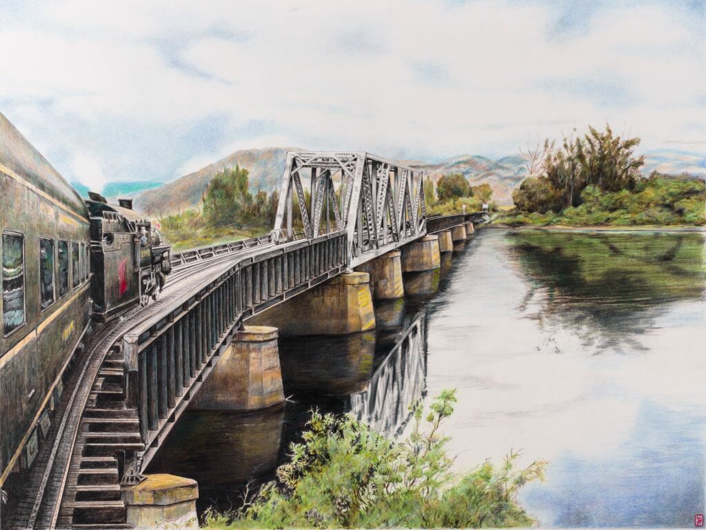 Drawing of the 2142 steam engine crossing the South Thompson Kamloops CNR Bridge over the Thompson River